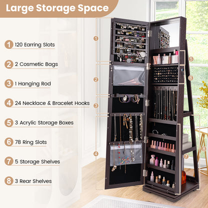 Armoire à bijoux verrouillable 2 en 1 rotative à 360°, miroir pleine longueur, marron foncé