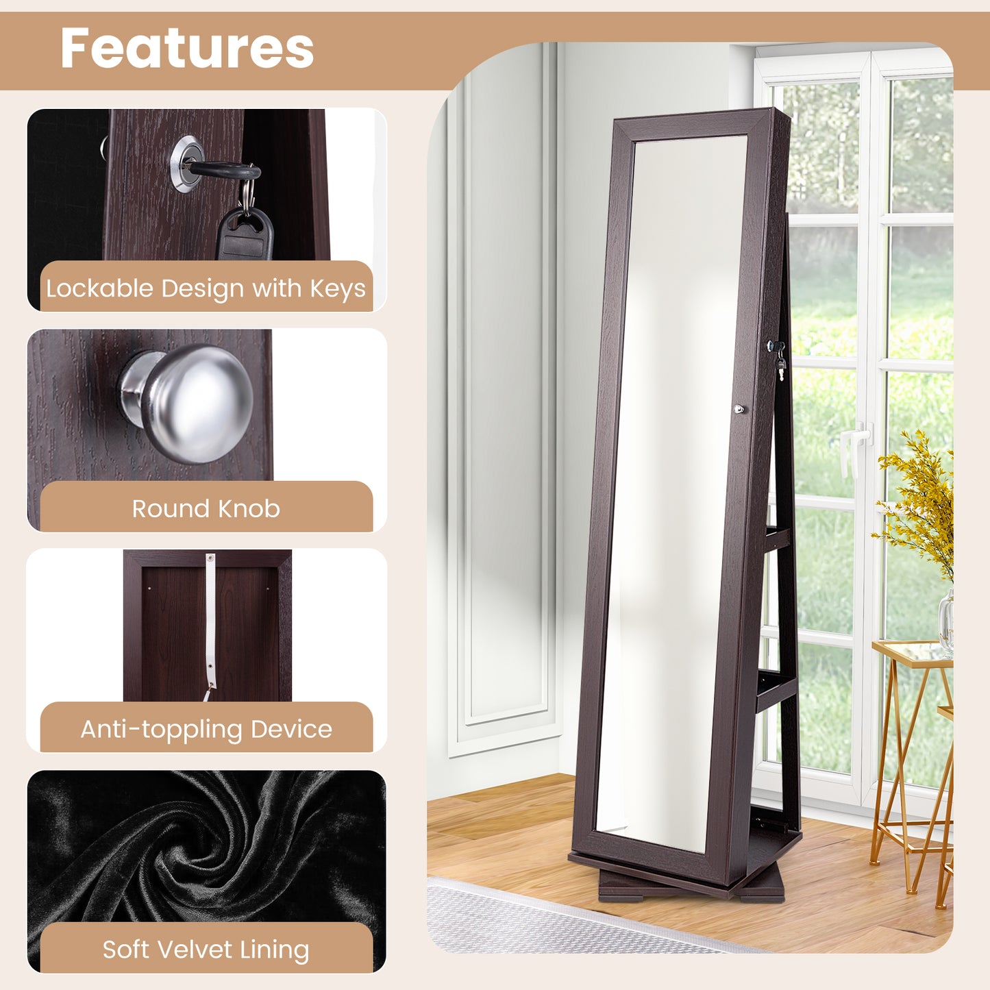 Armoire à bijoux verrouillable 2 en 1 rotative à 360°, miroir pleine longueur, marron foncé