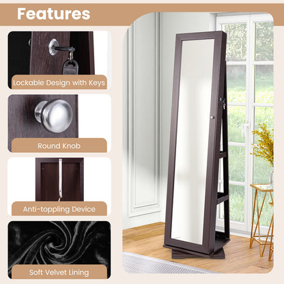 Armoire à bijoux verrouillable 2 en 1 rotative à 360°, miroir pleine longueur, marron foncé