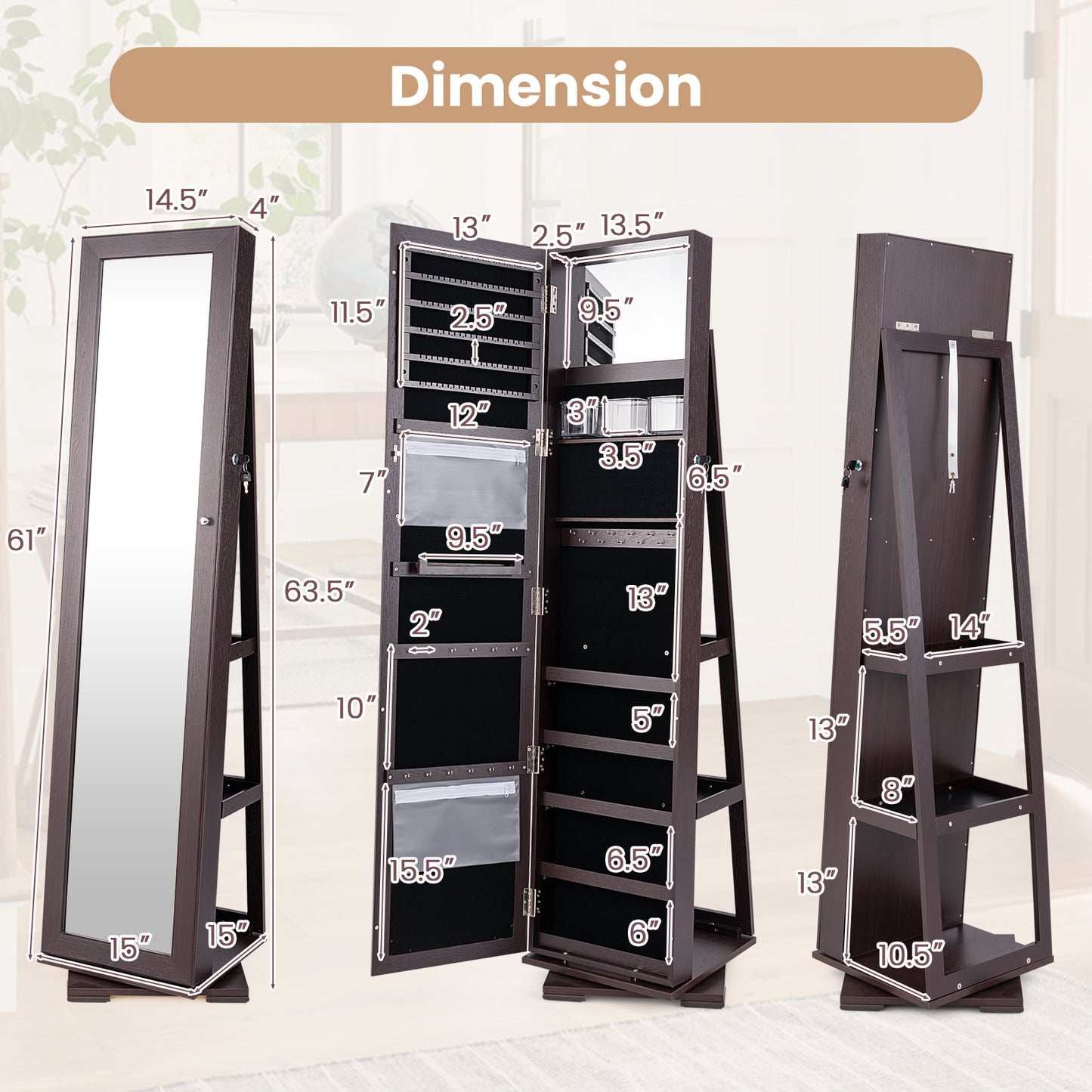 Armoire à bijoux verrouillable 2 en 1 rotative à 360°, miroir pleine longueur, marron foncé