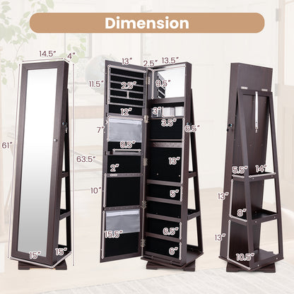 Armoire à bijoux verrouillable 2 en 1 rotative à 360°, miroir pleine longueur, marron foncé
