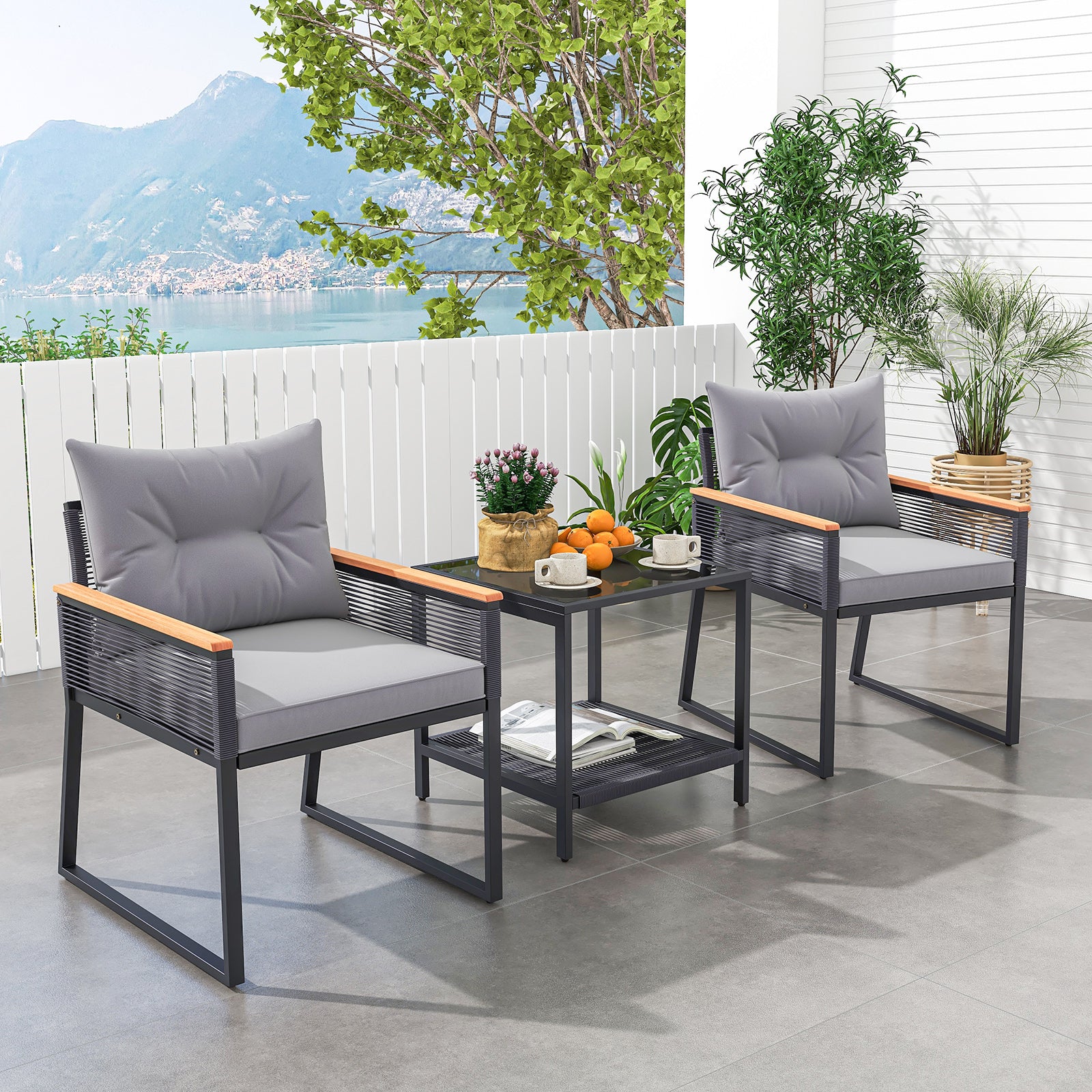 3 Pieces Patio Furniture Set with 2 Tier Coffee Table and Soft Seat Cushions, Gray Patio Conversation Sets at Gallery Canada