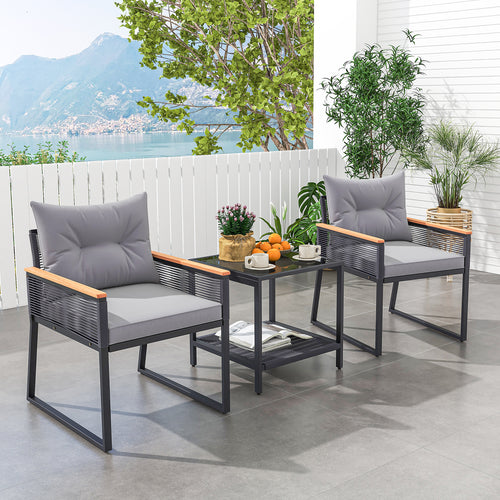 3 Pieces Patio Furniture Set with 2 Tier Coffee Table and Soft Seat Cushions, Gray