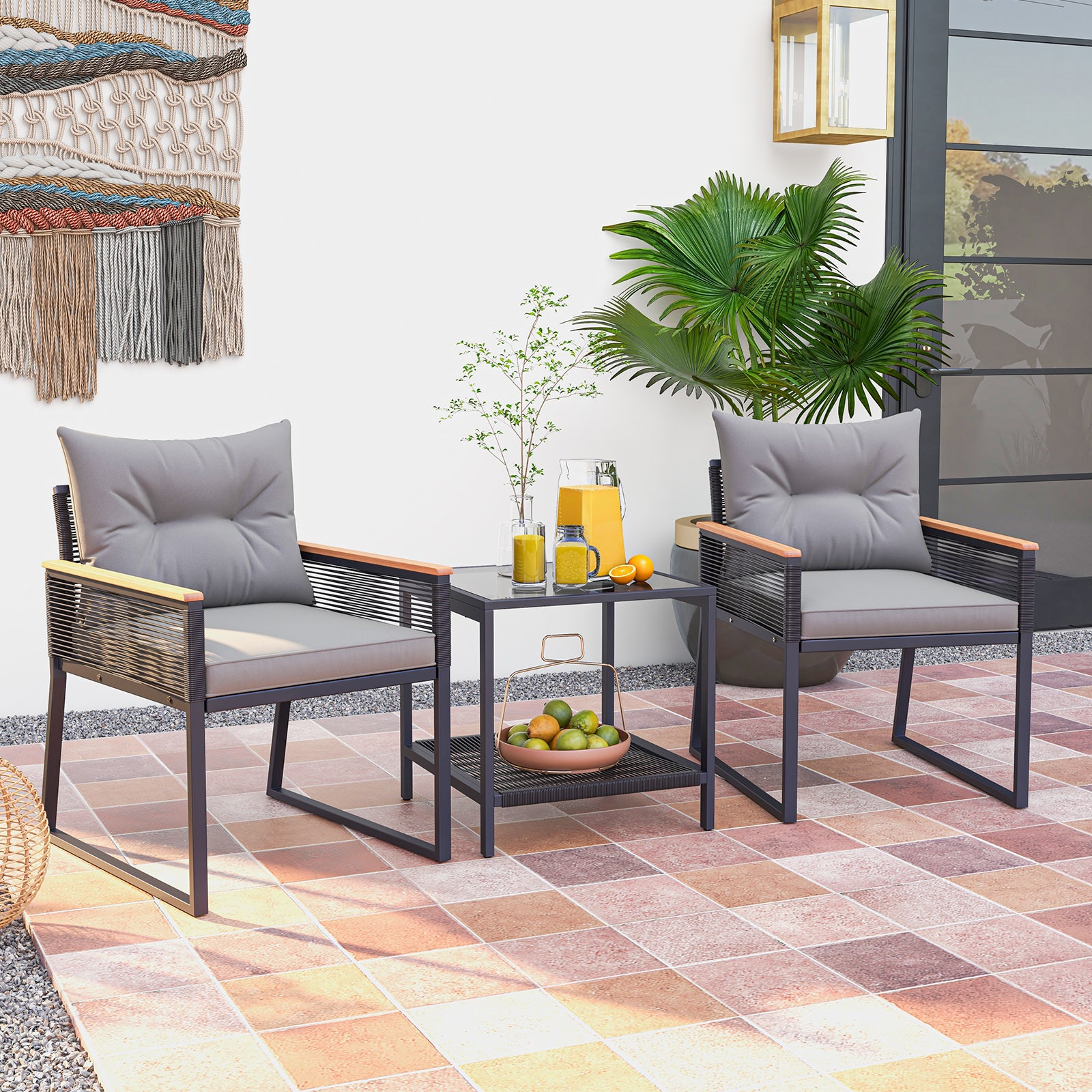 3 Pieces Patio Furniture Set with 2 Tier Coffee Table and Soft Seat Cushions, Gray Patio Conversation Sets at Gallery Canada