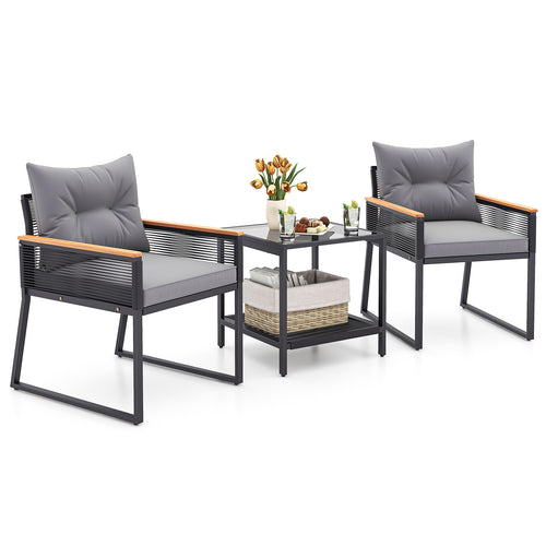 3 Pieces Patio Furniture Set with 2 Tier Coffee Table and Soft Seat Cushions, Gray