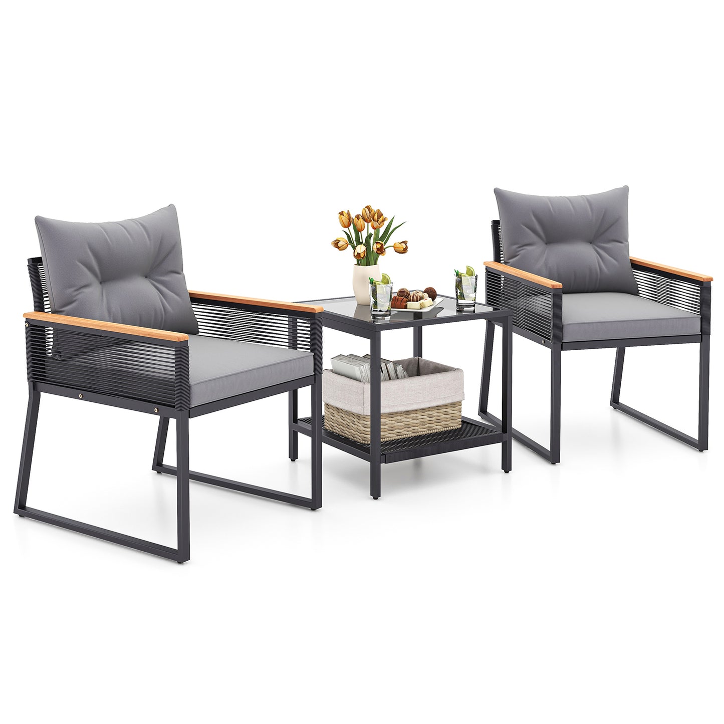 3 Pieces Patio Furniture Set with 2 Tier Coffee Table and Soft Seat Cushions, Gray Patio Conversation Sets at Gallery Canada