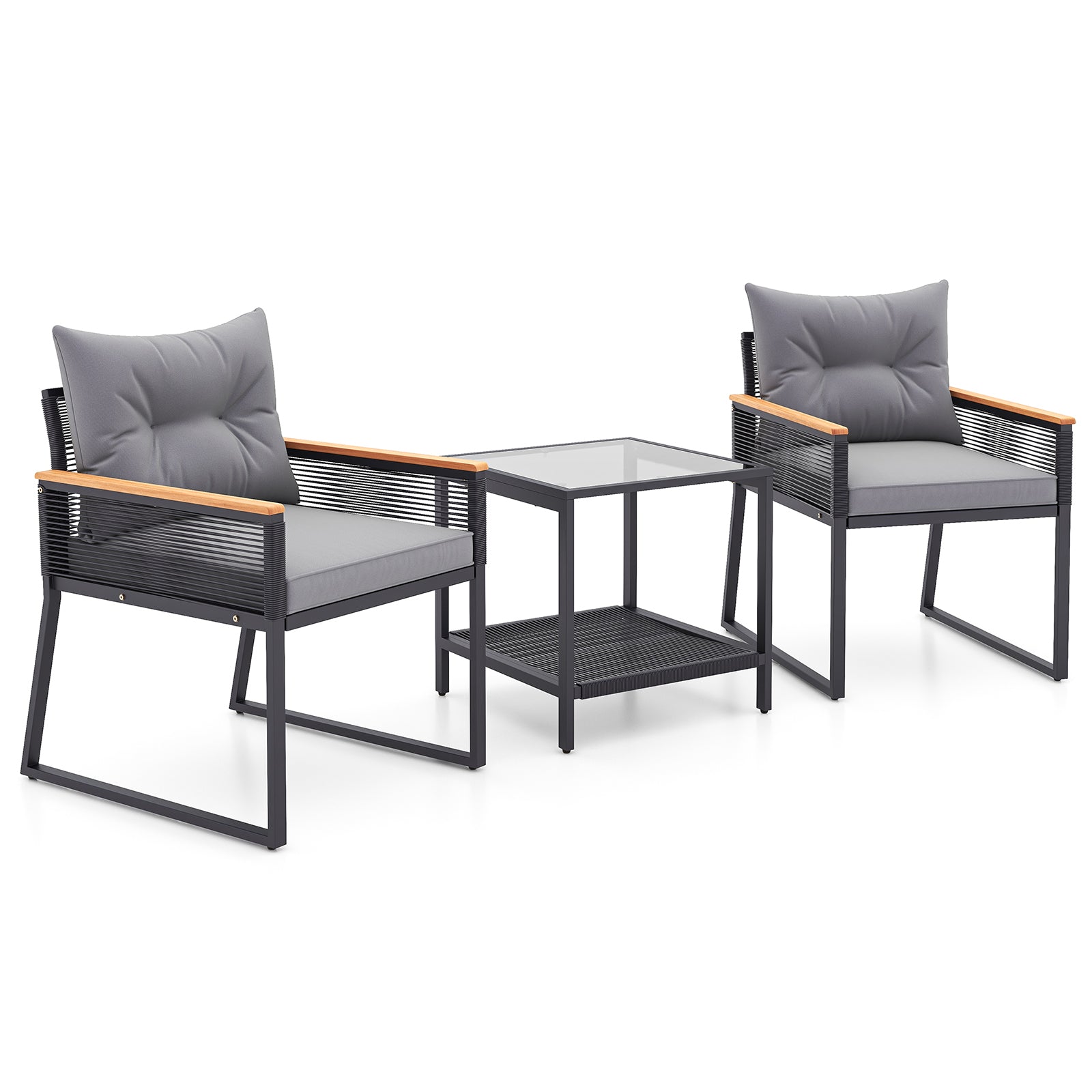 3 Pieces Patio Furniture Set with 2 Tier Coffee Table and Soft Seat Cushions, Gray Patio Conversation Sets at Gallery Canada