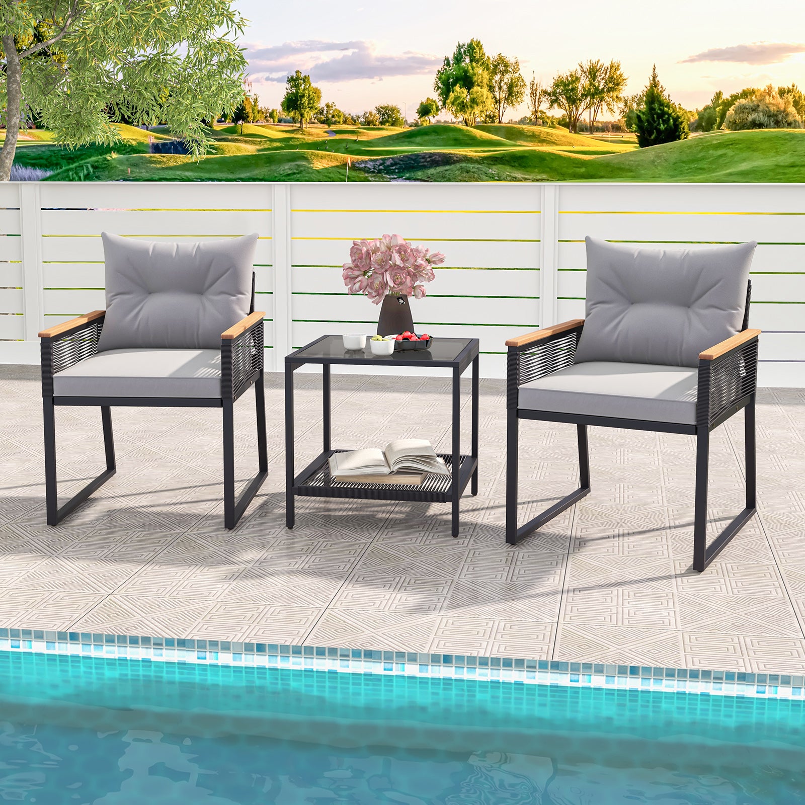 3 Pieces Patio Furniture Set with 2 Tier Coffee Table and Soft Seat Cushions, Gray Patio Conversation Sets at Gallery Canada