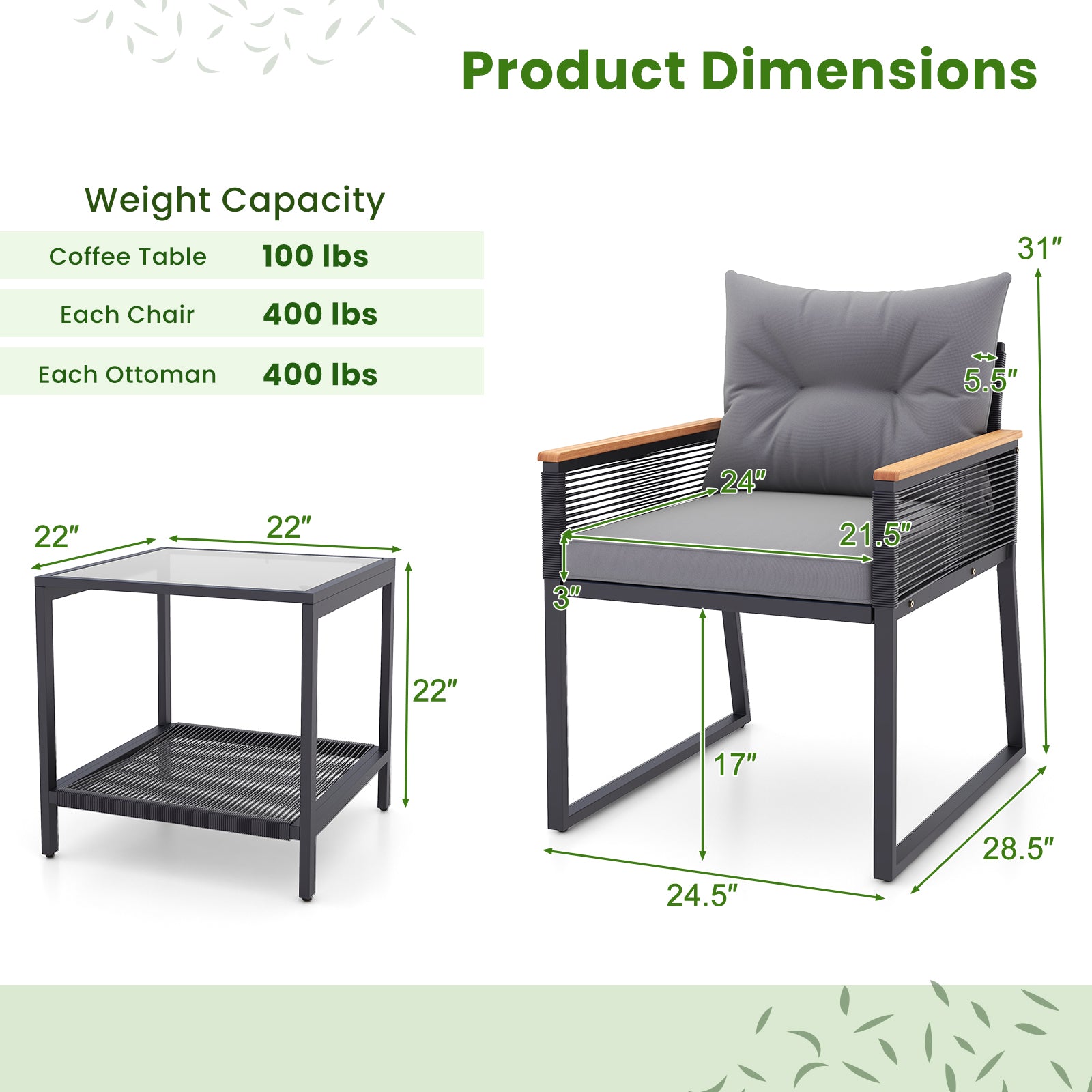 3 Pieces Patio Furniture Set with 2 Tier Coffee Table and Soft Seat Cushions, Gray Patio Conversation Sets at Gallery Canada