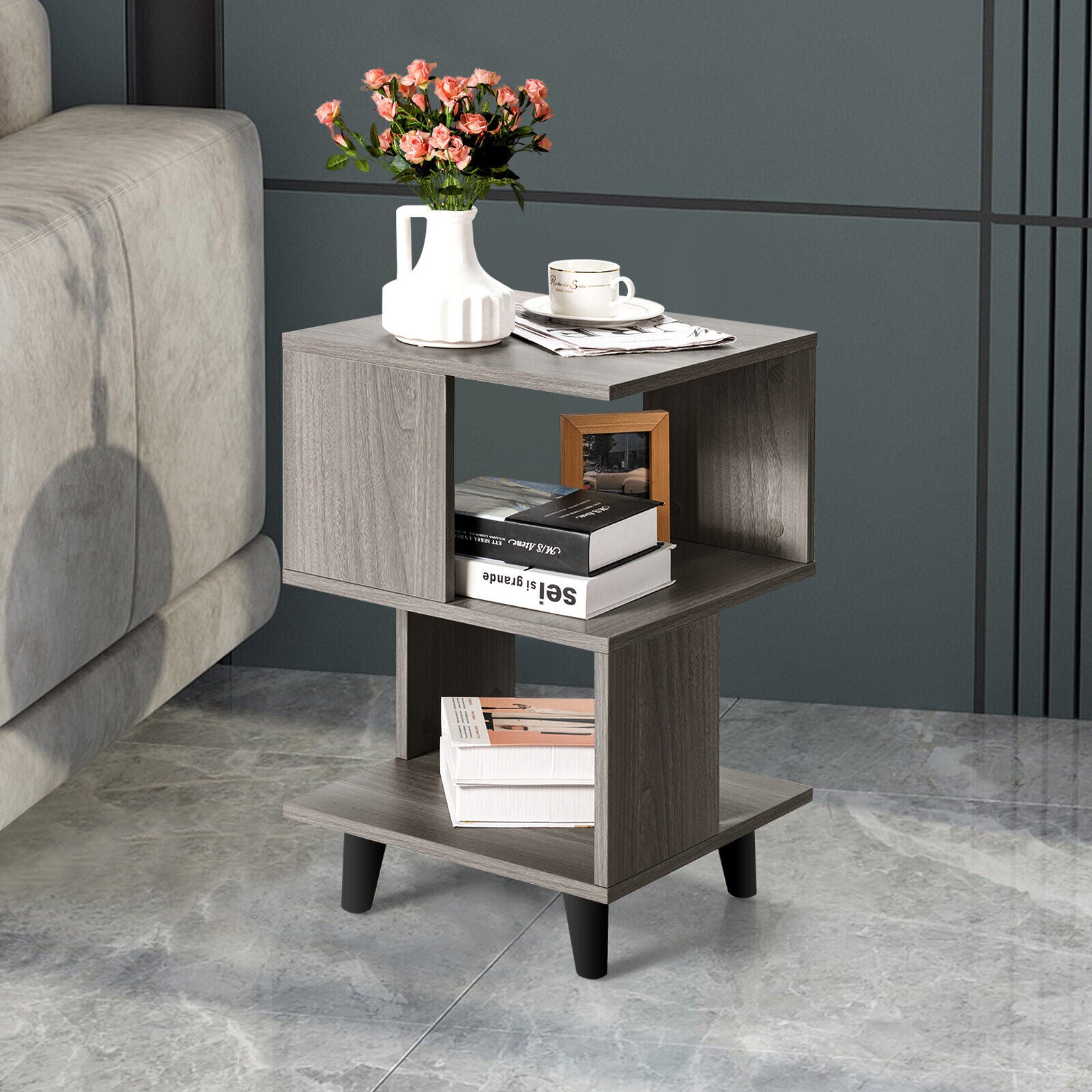 2 Pieces Wooden Modern Nightstand Set with Legs for Living Room, Gray Nightstands at Gallery Canada