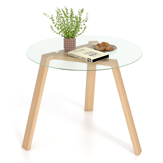 36 Inches Round Glass Dining Table, Rubber Wood Frame, Natural Dining Tables Natural at Gallery Canada