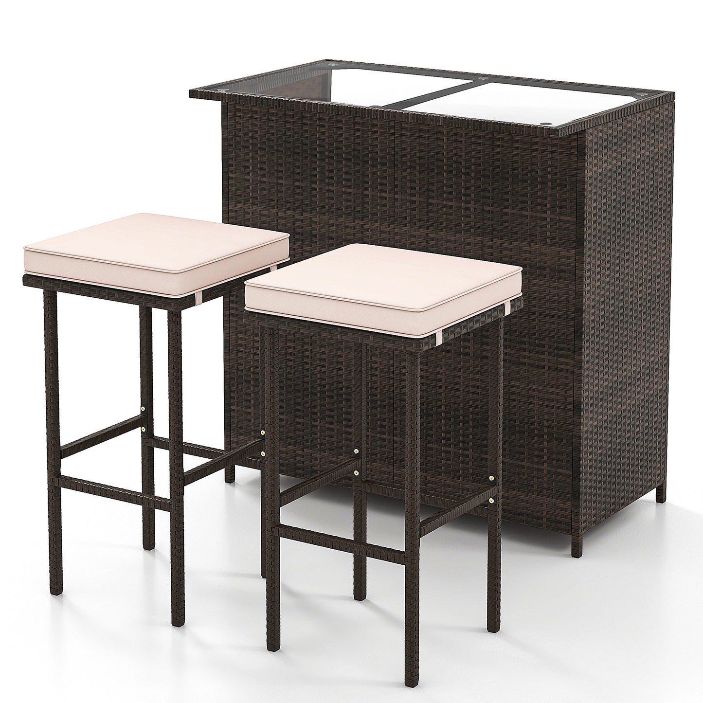 Ensemble de 3 pièces pour bar de patio, Dessus de table en verre trempé, Marron