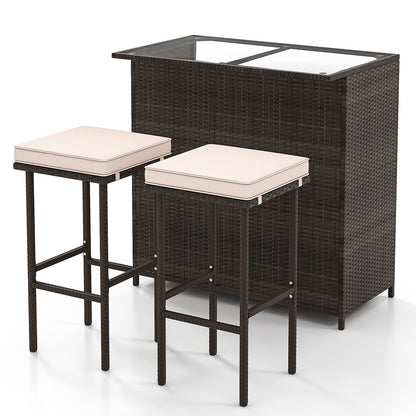 Ensemble de 3 pièces pour bar de patio, Dessus de table en verre trempé, Marron