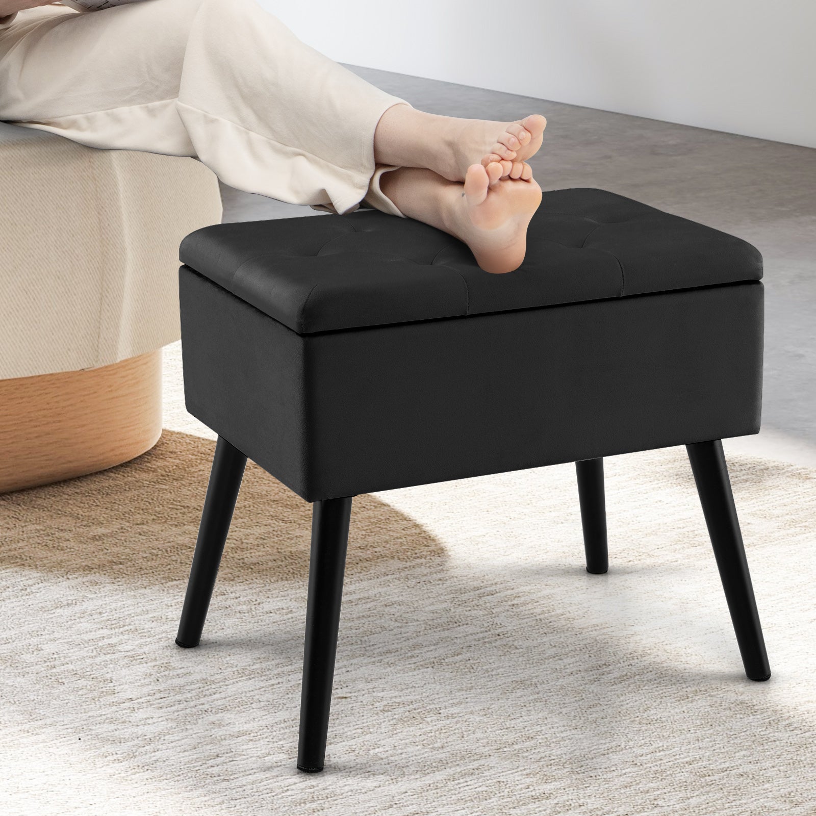 Velvet Storage Ottoman with Solid Wood Legs for Living Room Bedroom, Black Ottomans at Gallery Canada