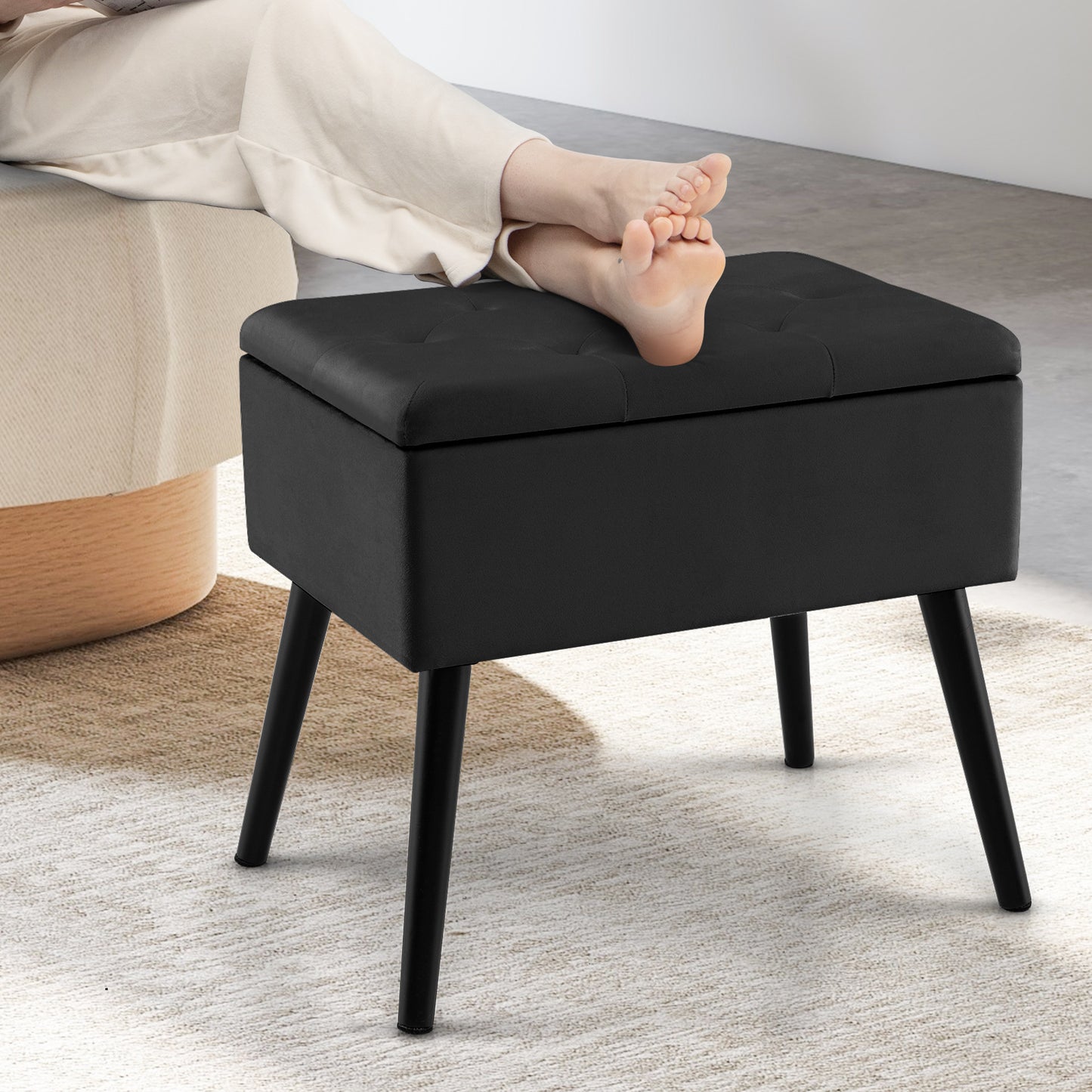 Velvet Storage Ottoman with Solid Wood Legs for Living Room Bedroom, Black Ottomans at Gallery Canada