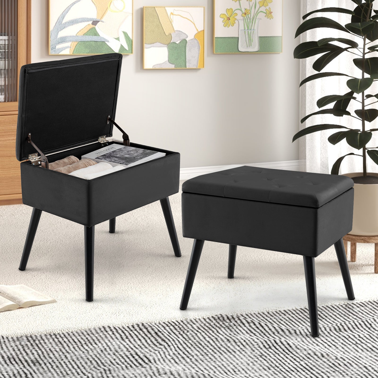 Velvet Storage Ottoman with Solid Wood Legs for Living Room Bedroom, Black Ottomans at Gallery Canada