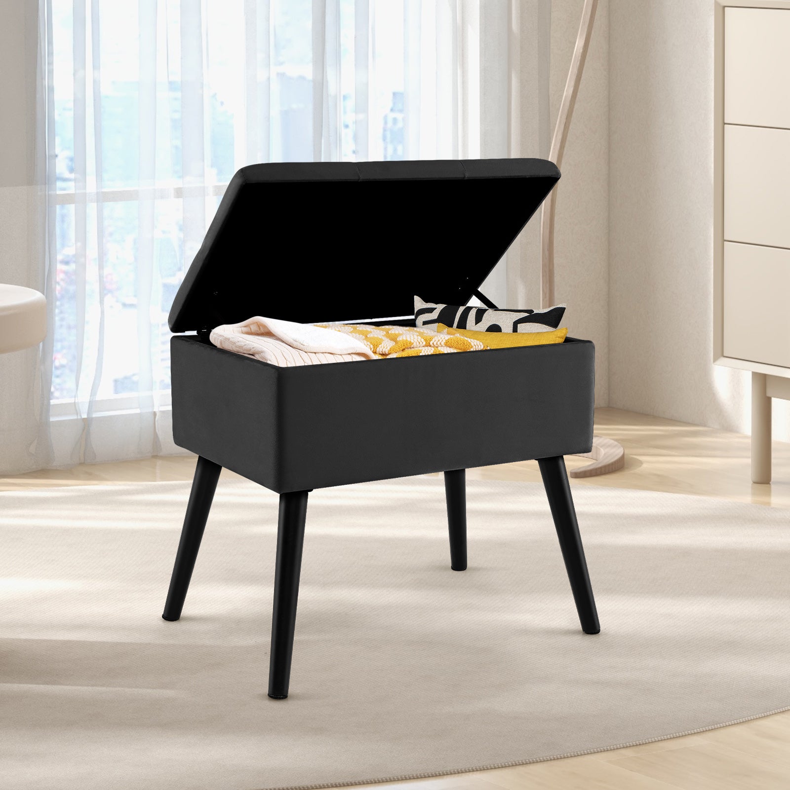 Velvet Storage Ottoman with Solid Wood Legs for Living Room Bedroom, Black Ottomans at Gallery Canada