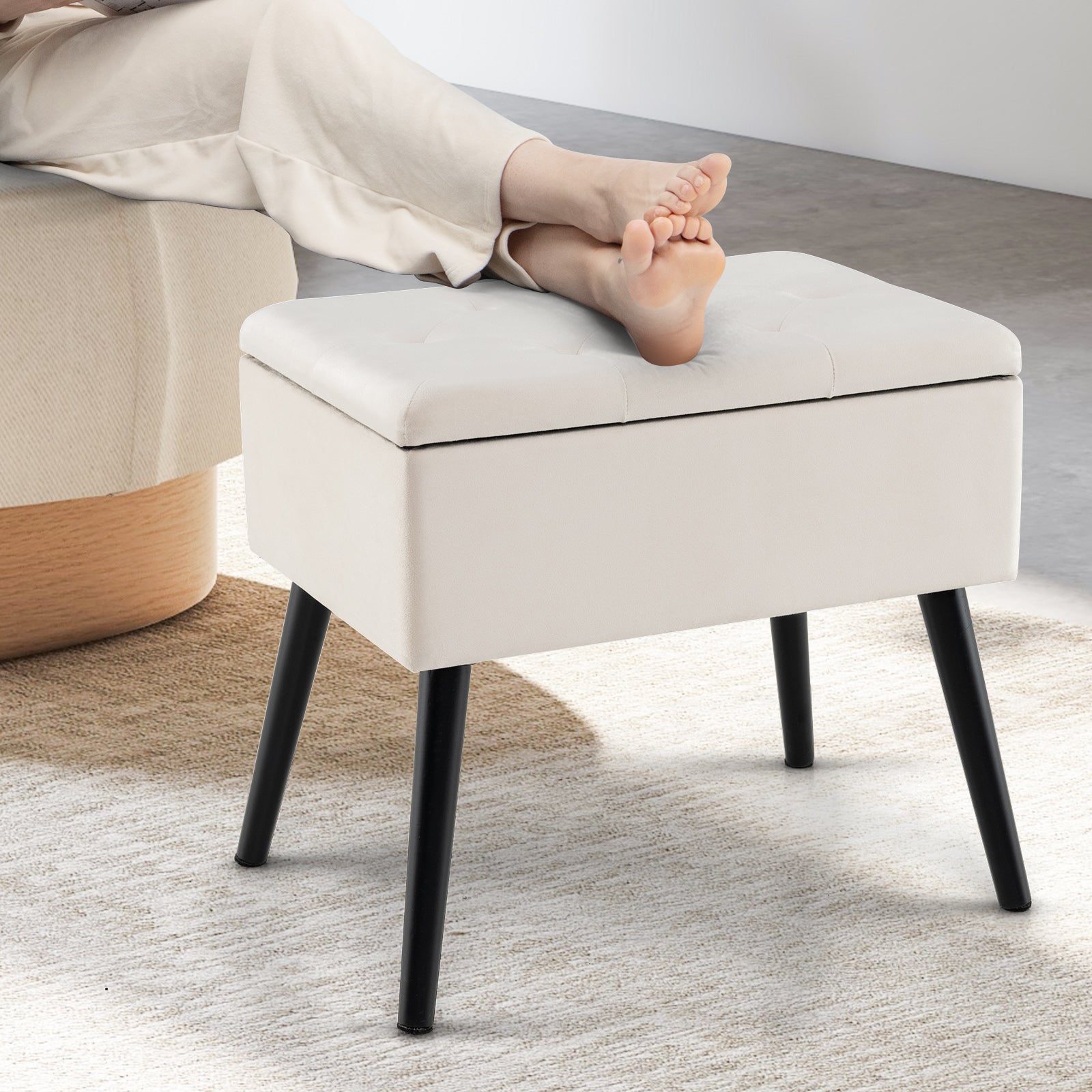 Velvet Storage Ottoman with Solid Wood Legs for Living Room Bedroom, Beige Ottomans at Gallery Canada