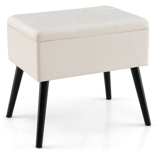 Velvet Storage Ottoman with Solid Wood Legs for Living Room Bedroom, Beige