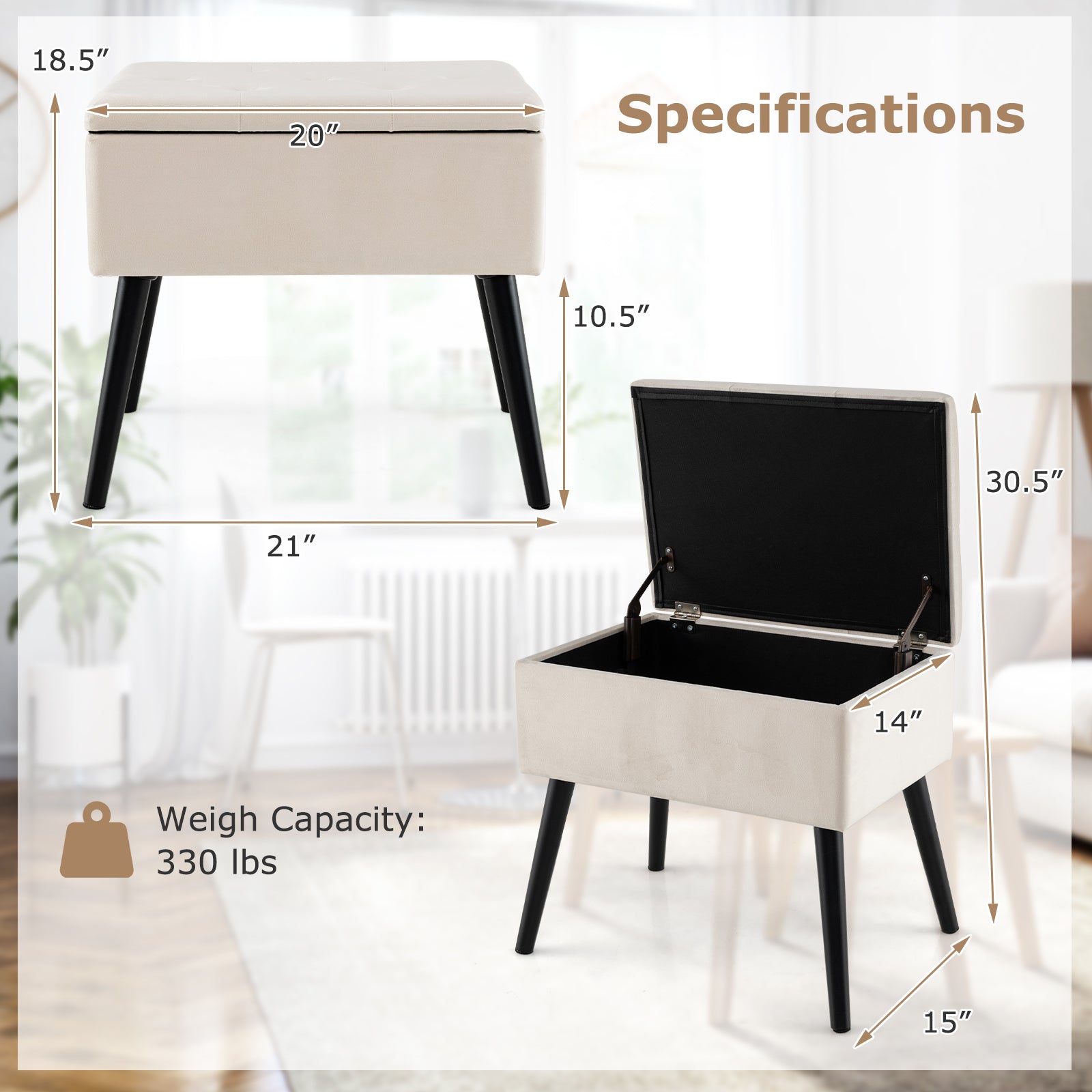 Velvet Storage Ottoman with Solid Wood Legs for Living Room Bedroom, Beige Ottomans at Gallery Canada