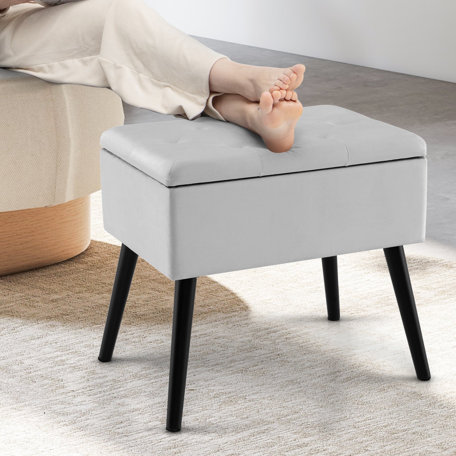 Velvet Storage Ottoman with Solid Wood Legs for Living Room Bedroom, Gray Ottomans at Gallery Canada