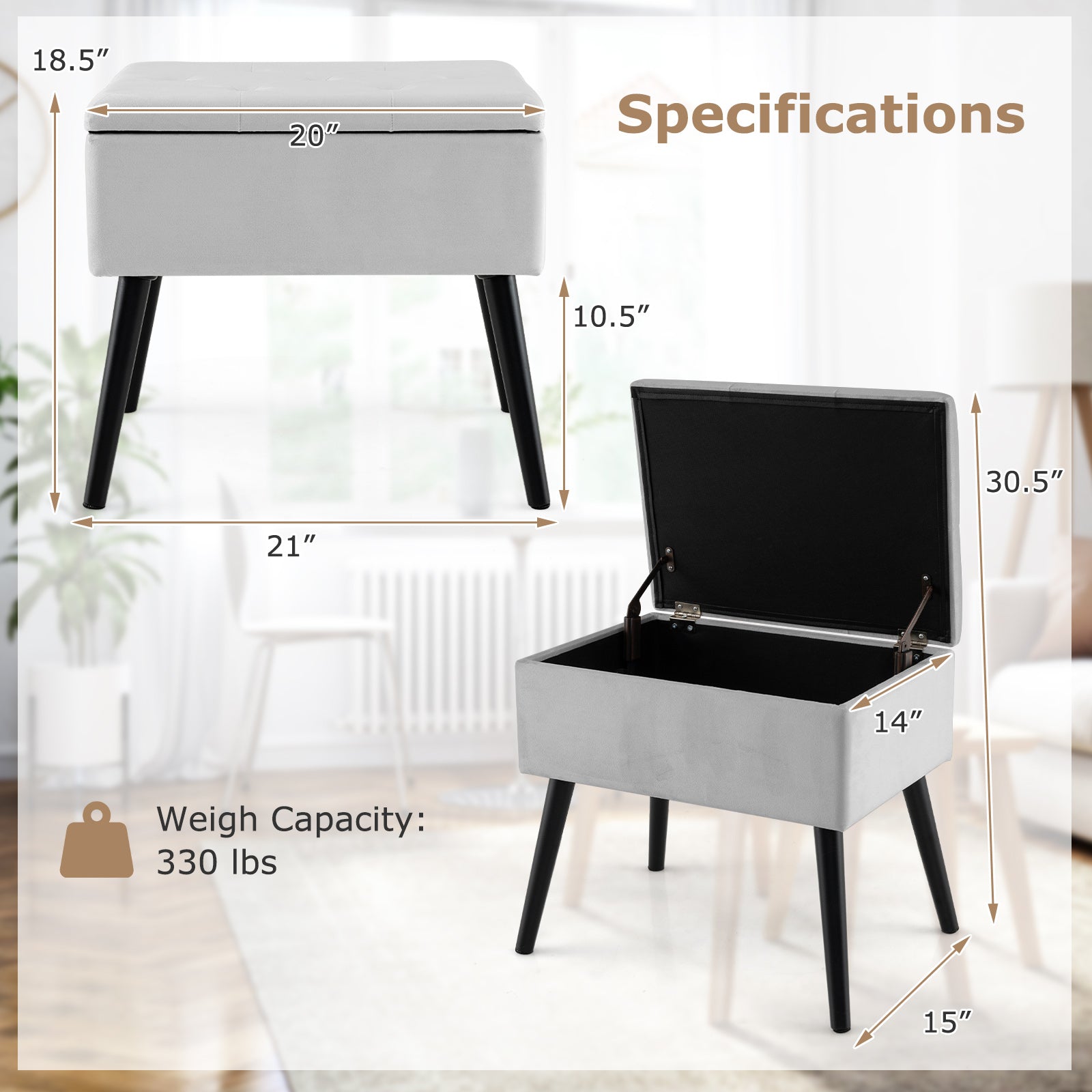 Velvet Storage Ottoman with Solid Wood Legs for Living Room Bedroom, Gray Ottomans at Gallery Canada