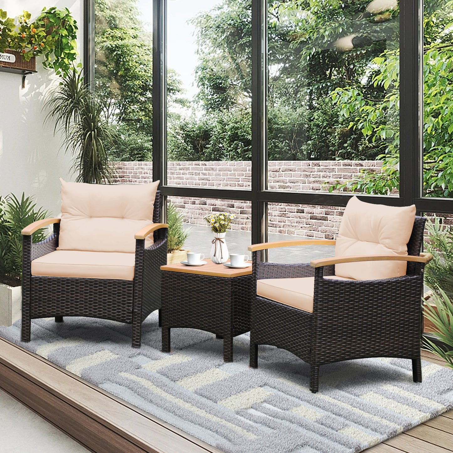 3 Pieces Patio Rattan Furniture Set with Removable Cushions, Beige Patio Conversation Sets at Gallery Canada