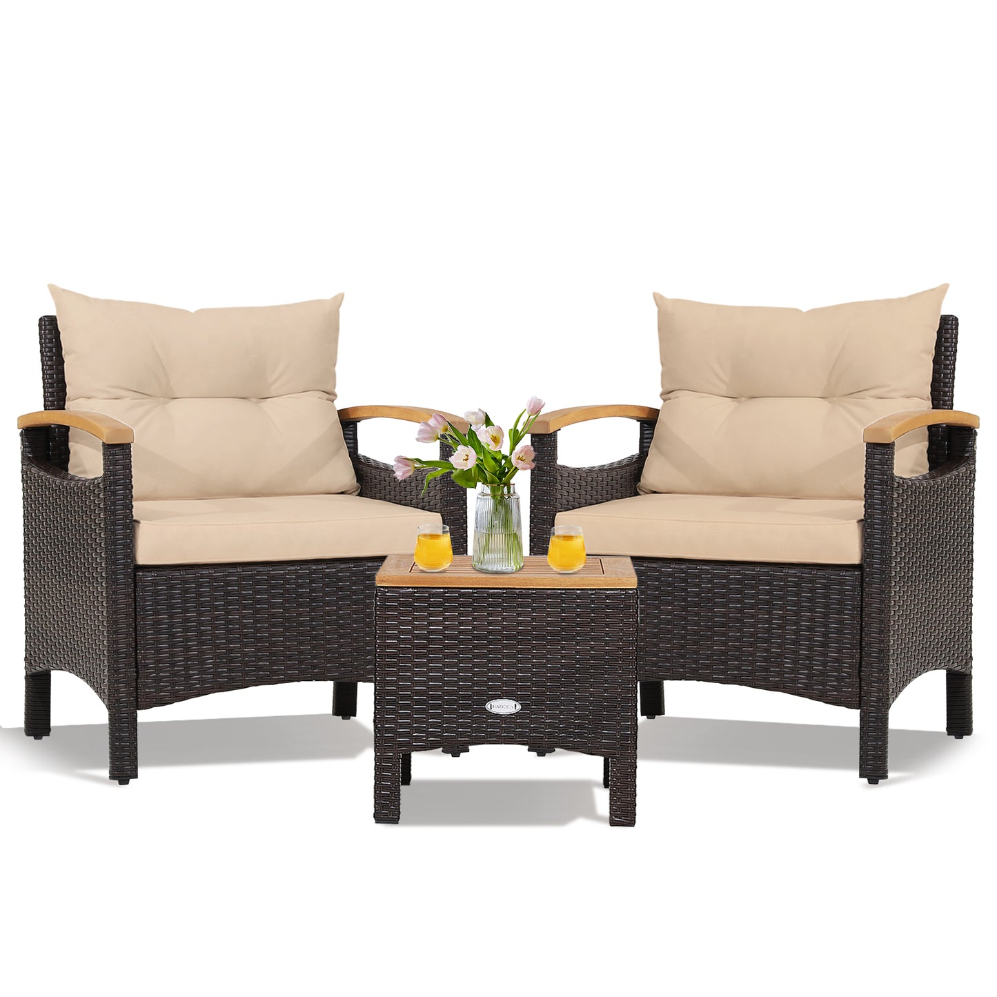 3 Pieces Patio Rattan Furniture Set with Removable Cushions, Beige Patio Conversation Sets at Gallery Canada