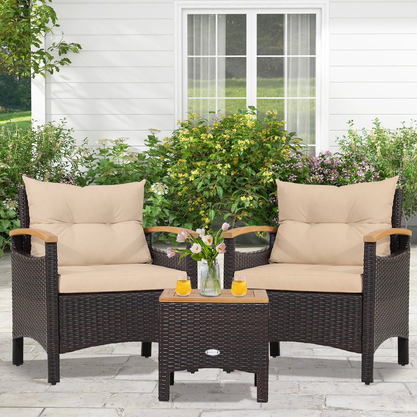 3 Pieces Patio Rattan Furniture Set with Removable Cushions, Beige Patio Conversation Sets at Gallery Canada