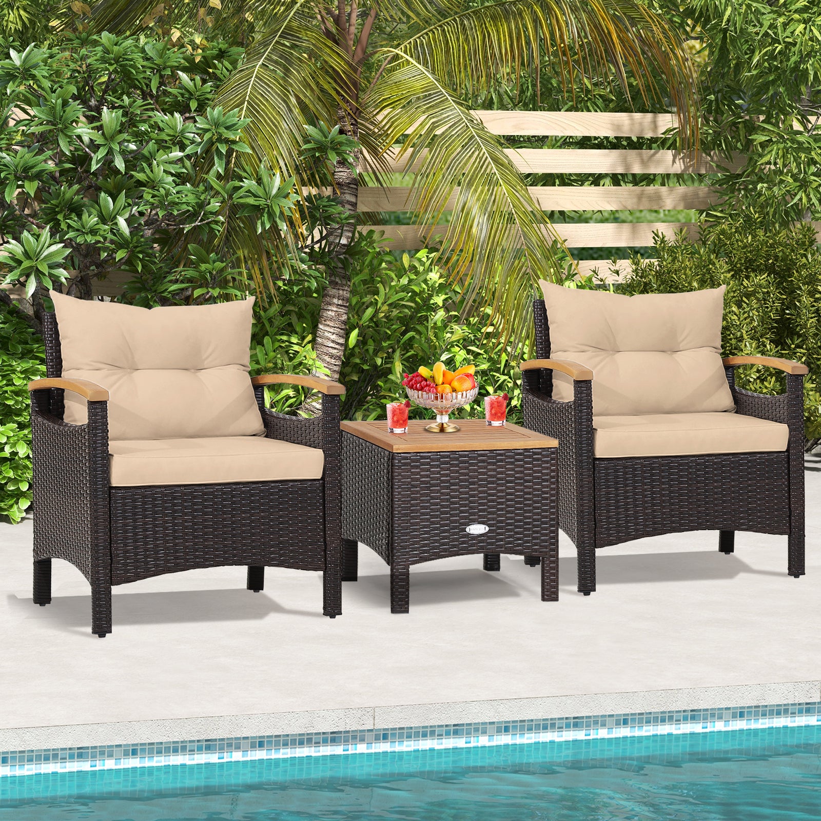 3 Pieces Patio Rattan Furniture Set with Removable Cushions, Beige Patio Conversation Sets at Gallery Canada