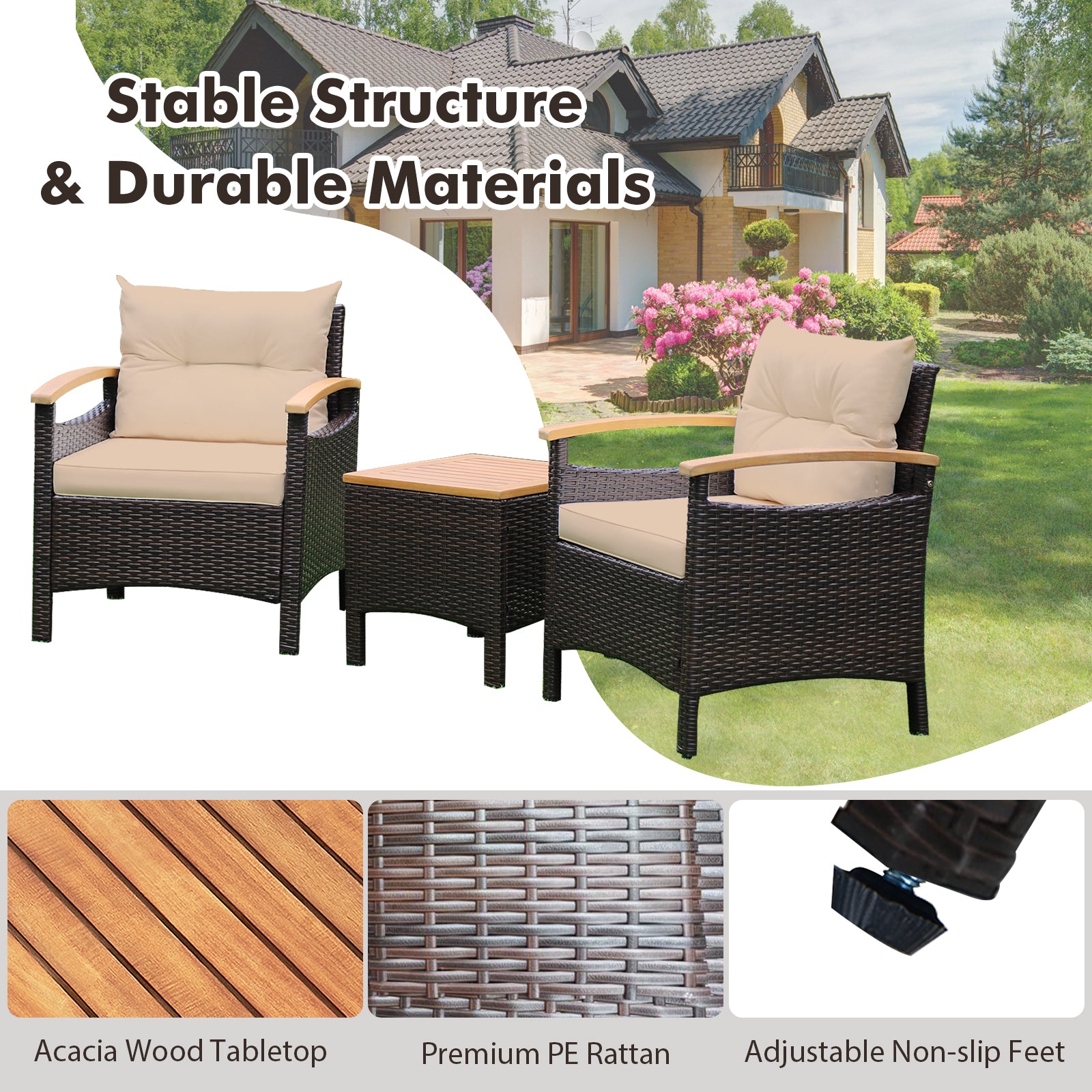 3 Pieces Patio Rattan Furniture Set with Removable Cushions, Beige Patio Conversation Sets at Gallery Canada