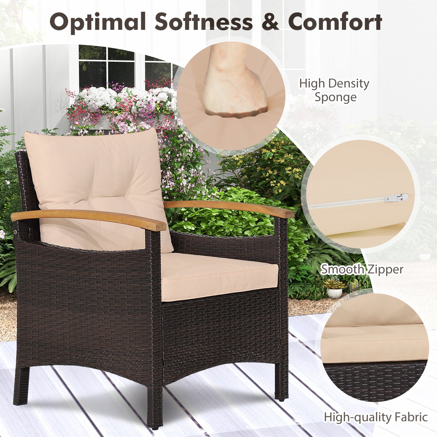 3 Pieces Patio Rattan Furniture Set with Removable Cushions, Beige Patio Conversation Sets at Gallery Canada