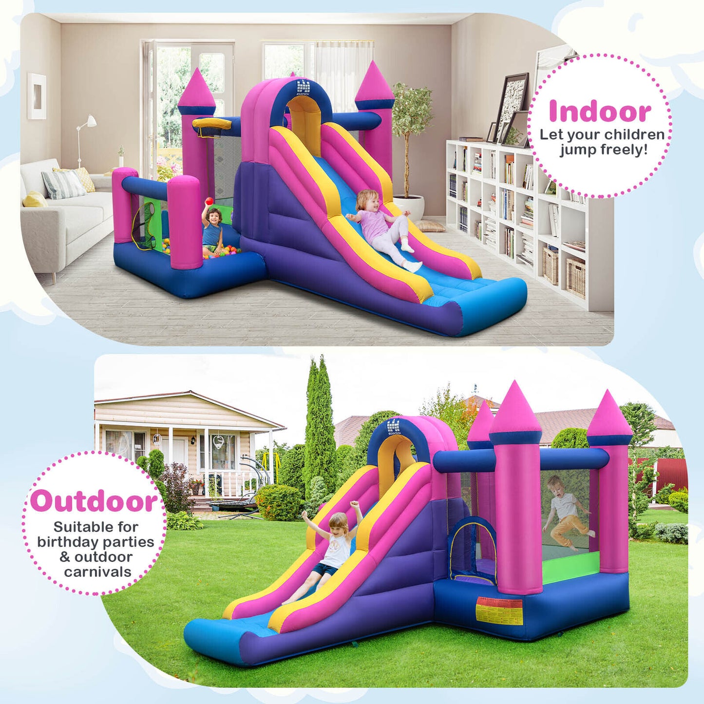 7-in-1 Kids Inflatable Bounce House with Long Slide and 735W Blower, Multicolor Bounce House at Gallery Canada