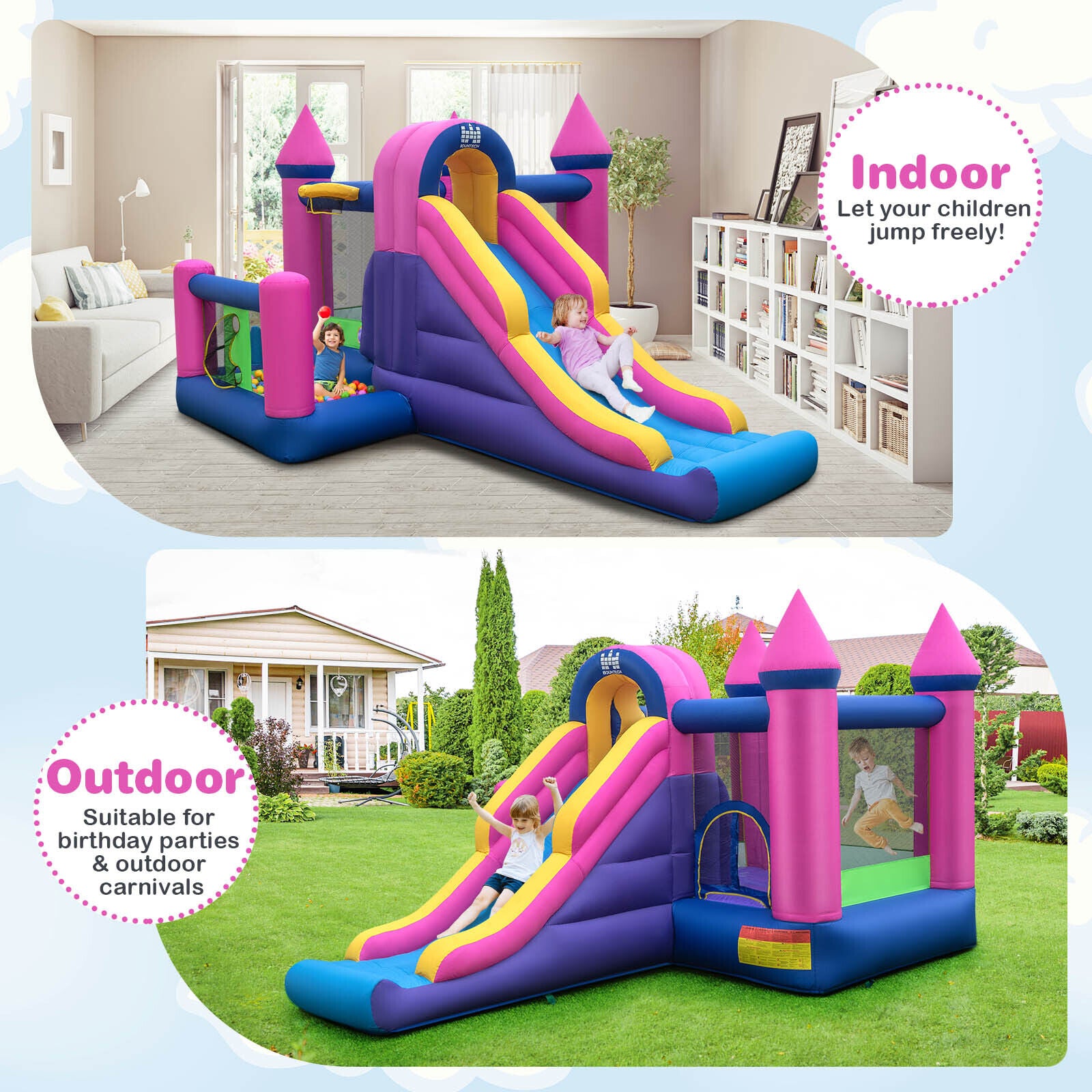 7-in-1 Kids Inflatable Bounce House with Long Slide and 735W Blower, Multicolor Bounce House at Gallery Canada