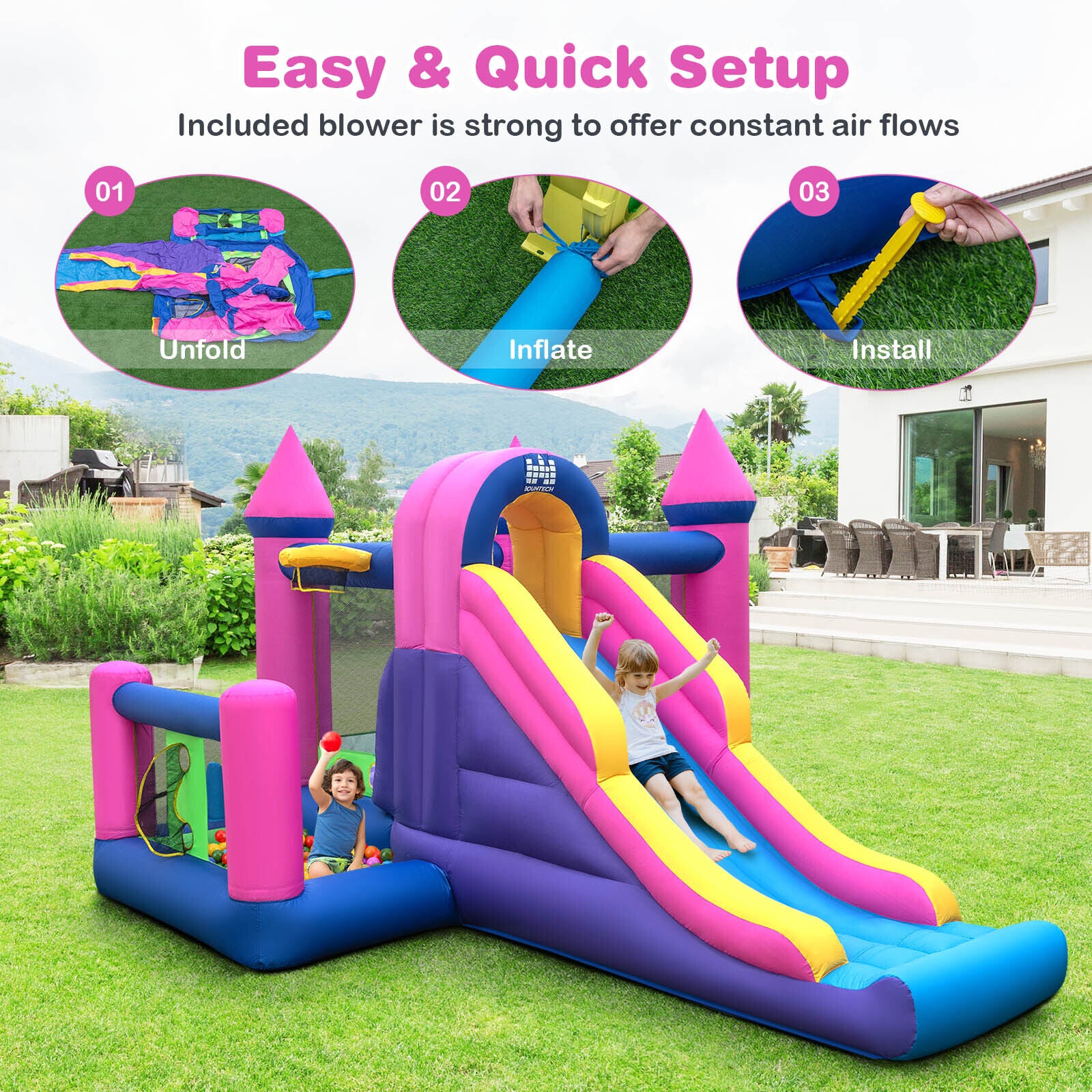 7-in-1 Kids Inflatable Bounce House with Long Slide and 735W Blower, Multicolor Bounce House at Gallery Canada