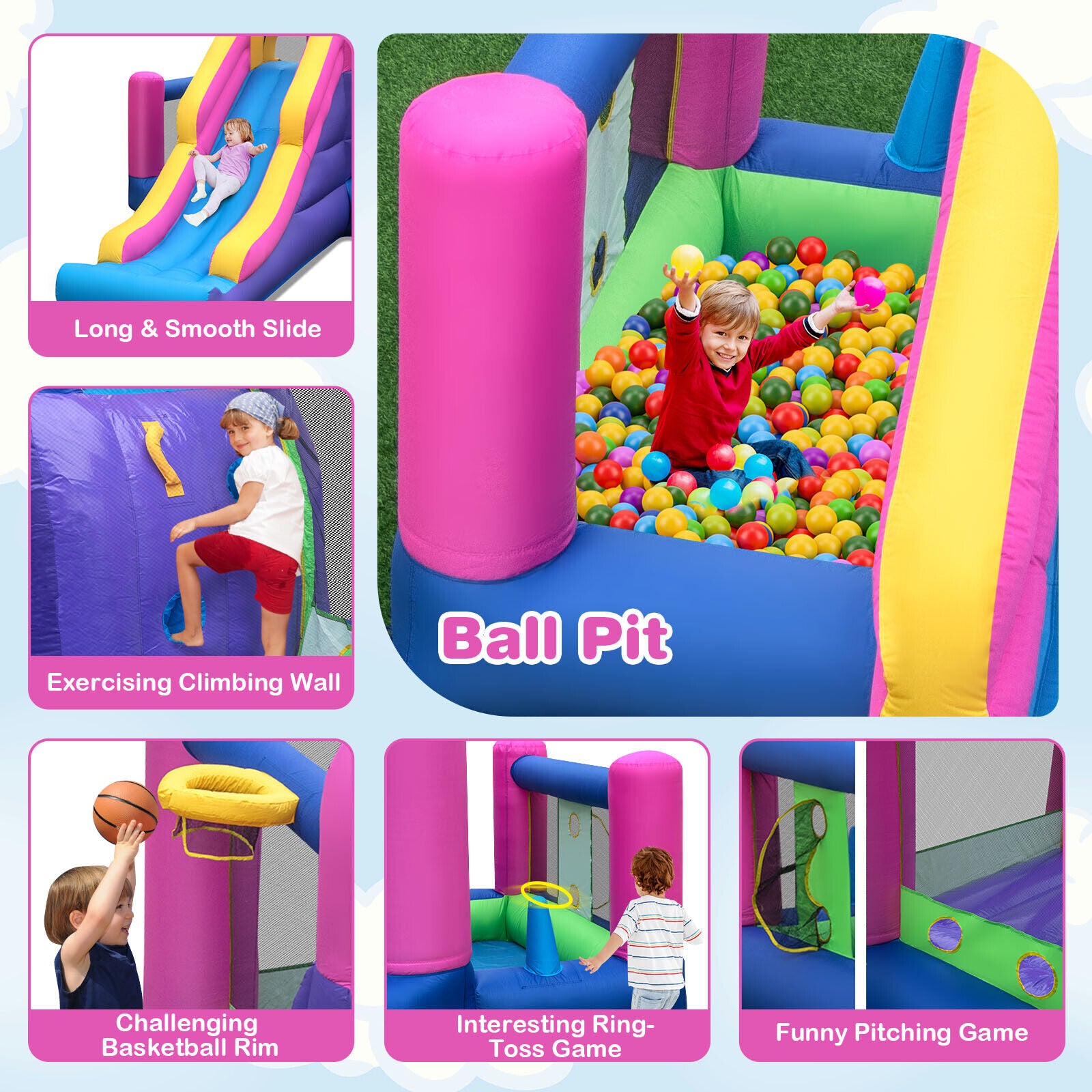 7-in-1 Kids Inflatable Bounce House with Long Slide and 735W Blower, Multicolor Bounce House at Gallery Canada