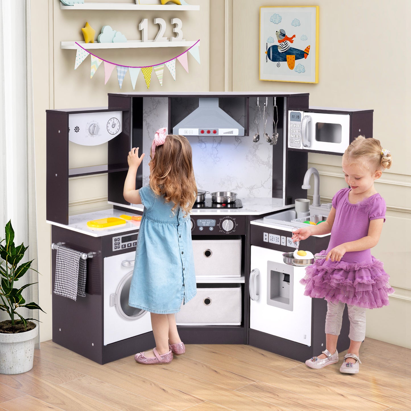 Wooden Kids Play Kitchen Playset with Realistic Lights and Sounds, Coffee Play Kitchen Sets at Gallery Canada