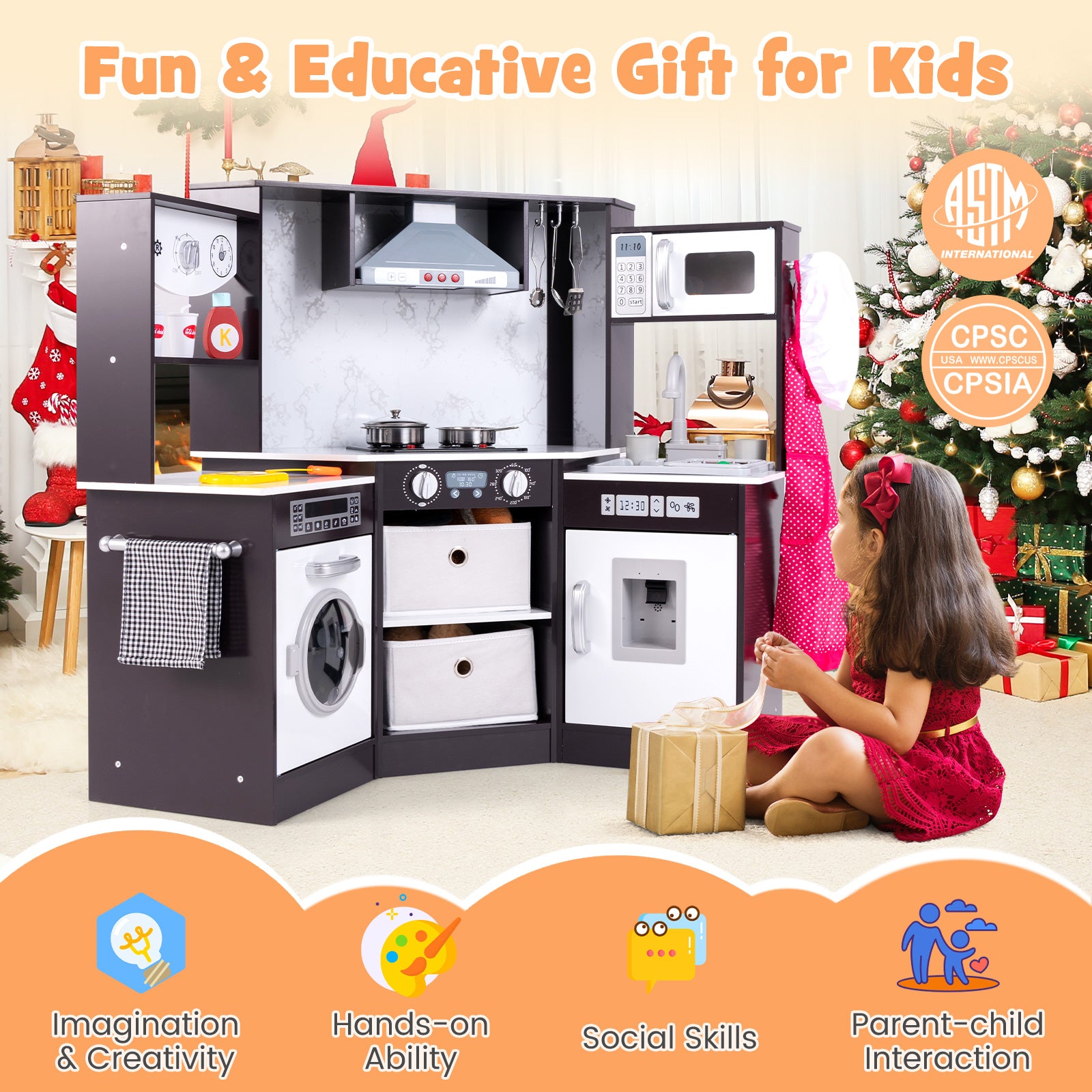 Wooden Kids Play Kitchen Playset with Realistic Lights and Sounds, Coffee Play Kitchen Sets at Gallery Canada