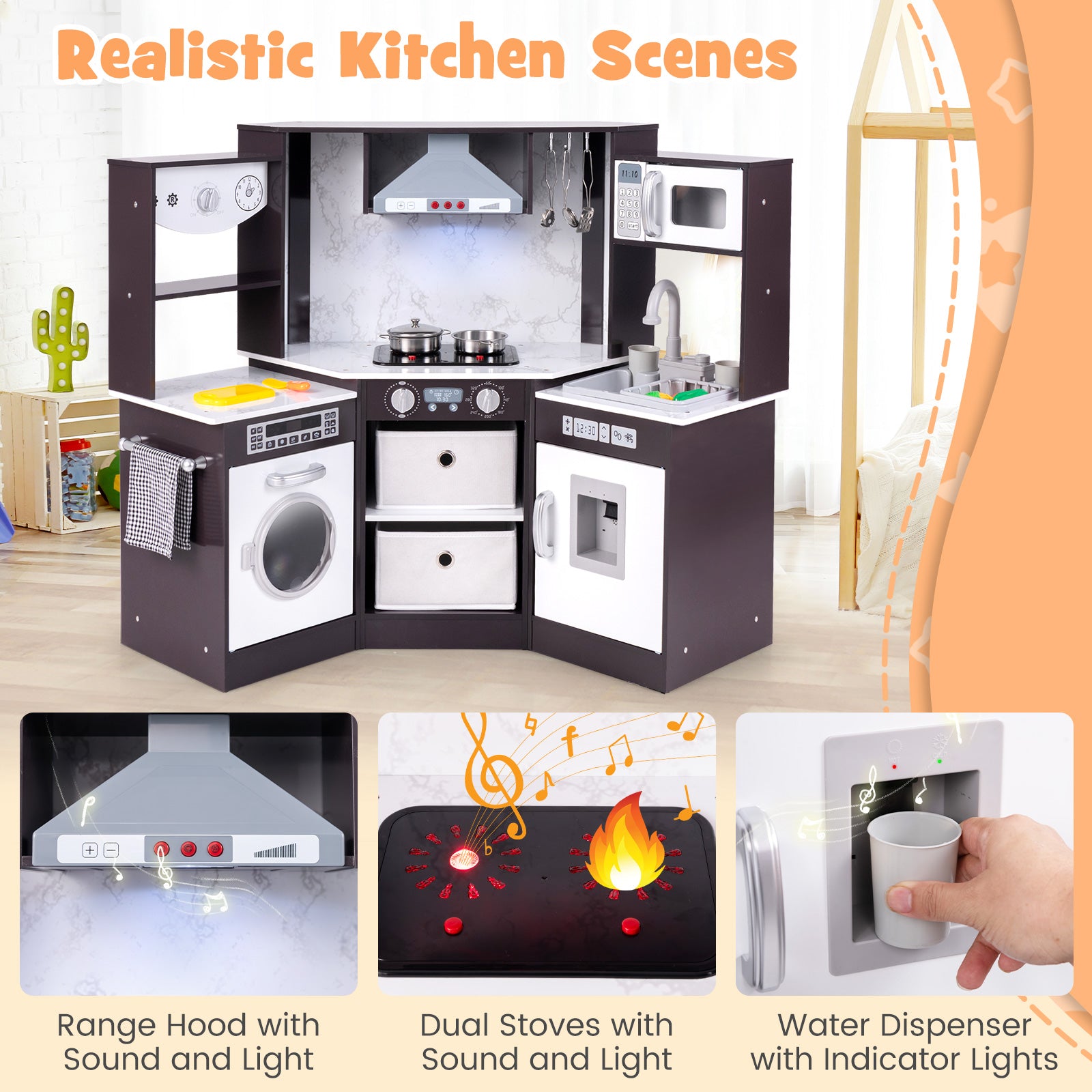 Wooden Kids Play Kitchen Playset with Realistic Lights and Sounds, Coffee Play Kitchen Sets at Gallery Canada