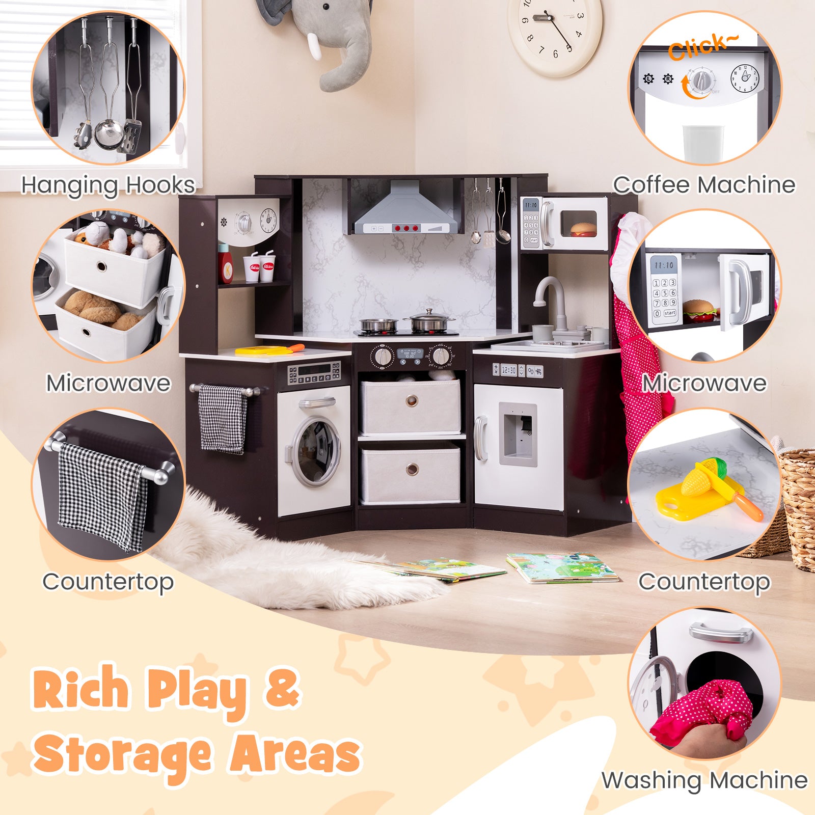 Wooden Kids Play Kitchen Playset with Realistic Lights and Sounds, Coffee Play Kitchen Sets at Gallery Canada