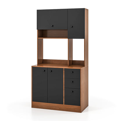 71 Pouces Armoire de Cuisine, 3 Armoires de Rangement, 3 Tiroirs Profonds, Noyer