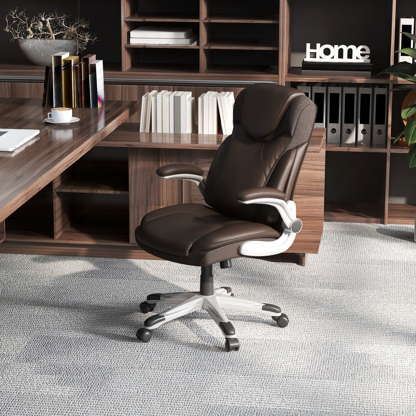 Ergonomic Office PU Leather Executive Chair with Flip-up Armrests and Rocking Function, Brown Executive Chairs at Gallery Canada