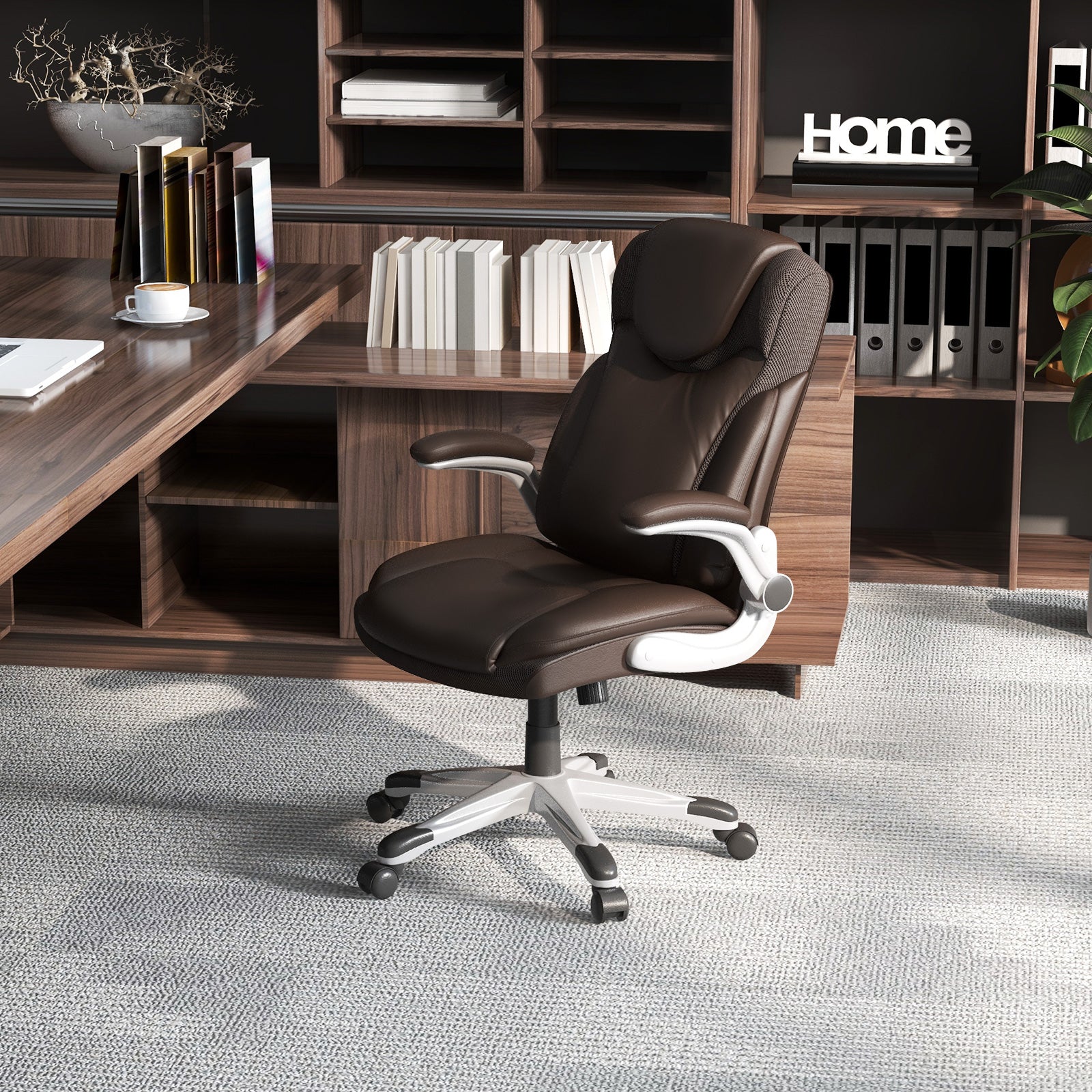 Ergonomic Office PU Leather Executive Chair with Flip-up Armrests and Rocking Function, Brown Executive Chairs at Gallery Canada