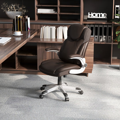 Ergonomic Office PU Leather Executive Chair with Flip-up Armrests and Rocking Function, Brown Executive Chairs at Gallery Canada