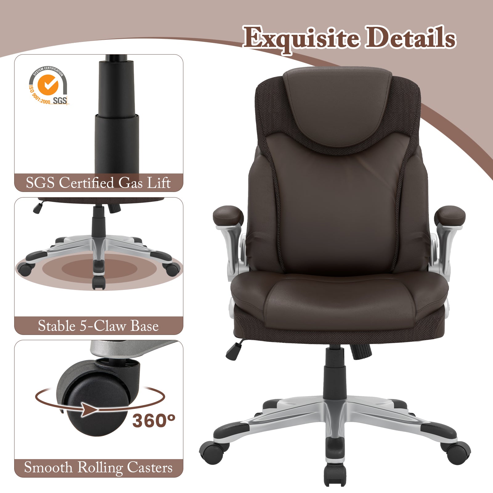 Ergonomic Office PU Leather Executive Chair with Flip-up Armrests and Rocking Function, Brown Executive Chairs at Gallery Canada