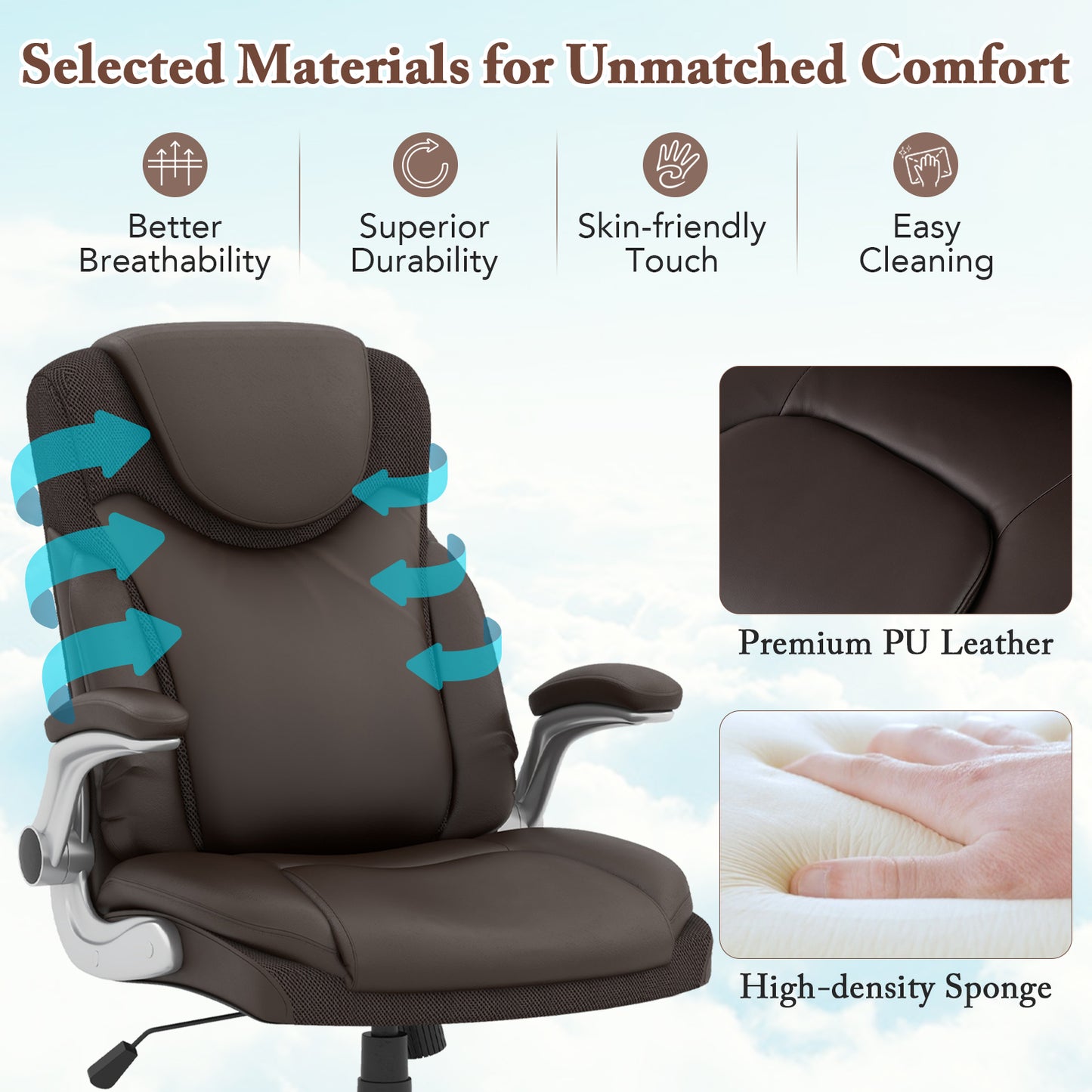 Ergonomic Office PU Leather Executive Chair with Flip-up Armrests and Rocking Function, Brown Executive Chairs at Gallery Canada