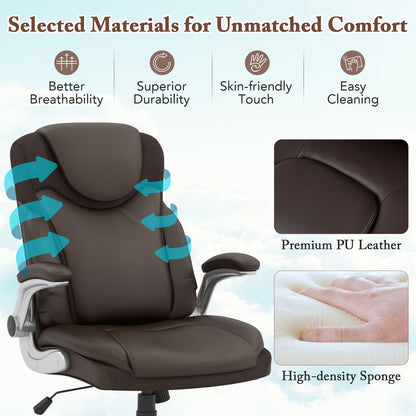 Ergonomic Office PU Leather Executive Chair with Flip-up Armrests and Rocking Function, Brown Executive Chairs at Gallery Canada