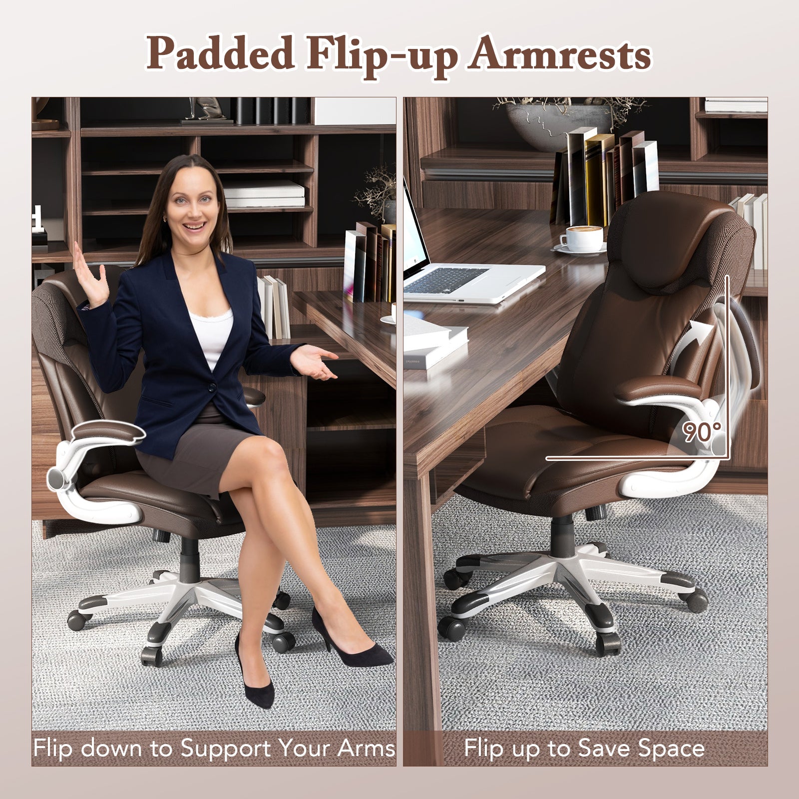 Ergonomic Office PU Leather Executive Chair with Flip-up Armrests and Rocking Function, Brown Executive Chairs at Gallery Canada