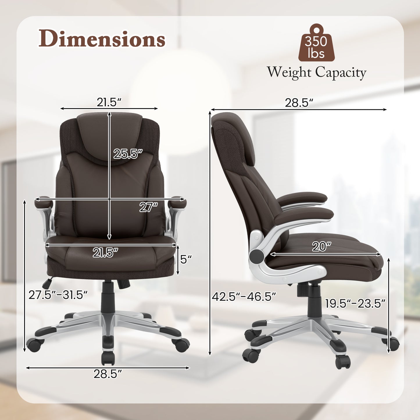 Ergonomic Office PU Leather Executive Chair with Flip-up Armrests and Rocking Function, Brown Executive Chairs at Gallery Canada