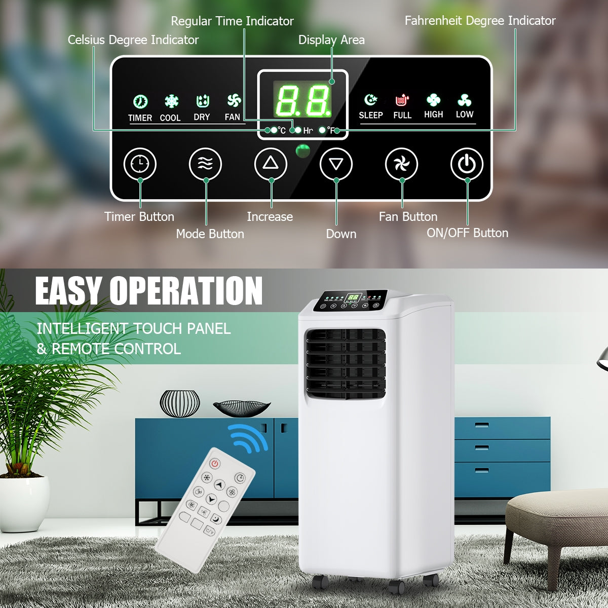 9000 BTU Portable Air Conditioner with Built-in Dehumidifier and Remote Control, Black & White Portable Air Conditioners at Gallery Canada